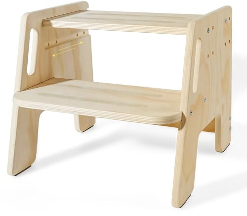 Guiwuiyu Tritthocker Kinder 2 Stufen, rutschfest tritthocker Holz mit Griff, Stufenhöhe verstellbar, 150KG Tragkraft, Stabiler Kinder fußbank für Badezimmer, Küche, Kinderzimmer, Schlafzimmer