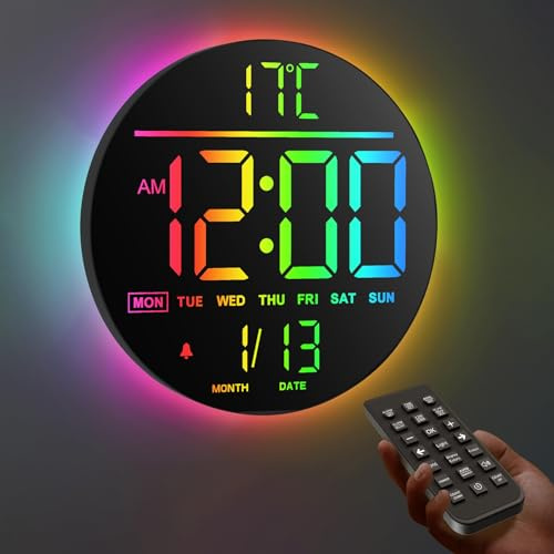 HUO JI LED 10 Digitale Wanduhr mit Beleuchtung & Wecker, Wall Clock mit Fernbedienung, Temperatur, Datum & Wochentag, automatische Helligkeit, Timer, Stoppuhr für Wohnzimmer, Küche & Kinderzimmer