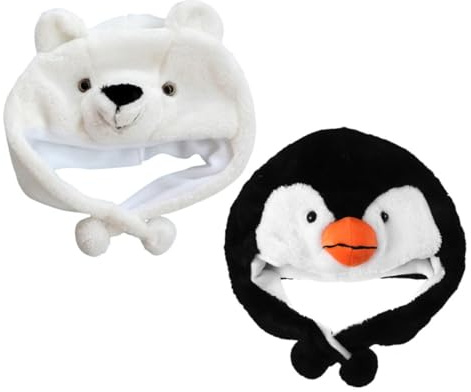 YARNOW 2 Stück pack Plüsch Tiermützen Pinguin Eisbär Weiche Beanies für Frühling Herbst Winter Elastische Stofftierhüte für Outdoor und Fasching
