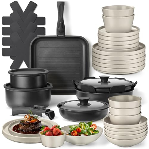 tectake® Set cucina 41 pezzi x 6 persone, stoviglie e pentole, 24 pcs tra piatti e ciotole, x microonde e lavastoviglie, 17 pcs tra padelle, grill, coperchi pentole manici removibili - Nero/Tortora