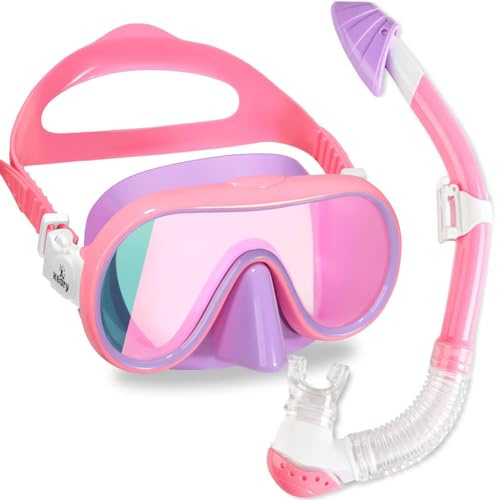 Keary Kids Snorkel Set 6-14 8-12 4-7 Kid Snorkeling Diving Mask and Dry Snorkel Kit for Boys Girls Youth Anti Fog Swim Goggles with Nose Cover Anti-UV Dry Snorkeling Gear for Kids Mirrored Lens, Pink