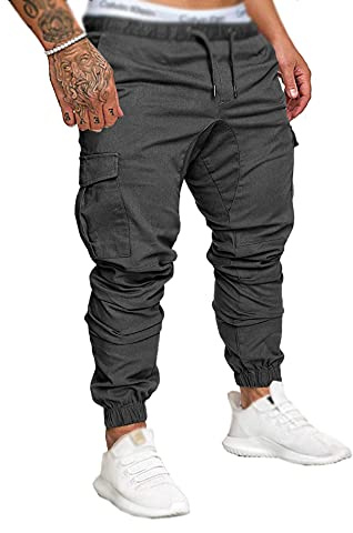 SOMTHRON Herren Elastische Taille Gürtel Baumwolle Jogging Sweat Hosen Plus Size Mode Lange Sports Cargo Hosen Shorts mit Taschen Joggers Activewear Hosen, Dark Grey, L