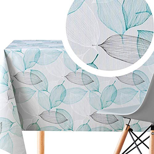 KP Home Vinyl Tischdecke Abwaschbar Türkis Blaugrün Blätter Rechteckige 200x140 Helle Grau Wachstuchtischdecke Wasserabweisend Blattmuster Wachstuch Pflegeleicht Wachstischdecke PVC Tischdecke Outdoor