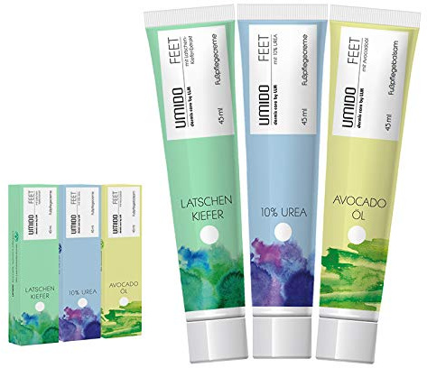 UMIDO 3 Stück Set Fuß-Creme Set 45 ml | 1x Latschenkiefer | 1x mit 10% UREA | 1x Avocadoöl | Fußbalsam | Fußlotion | Pflegecreme | Fußpflegecreme | Creme