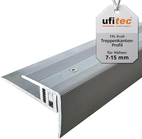 ufitec Profilsystem für Parkett- und Laminatböden - für Belagshöhen von 7-15 mm - viele Farben lieferbar (Treppenkantenprofil, Silber, 190 cm länge)