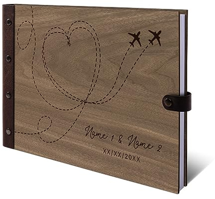 Personalisiertes Hochzeit Gästebuch echtes Holz DIN A4 Erinnerungsbuch mit Lasergravur - Flugzeuge - mit 72 Blatt / 144 Seiten Naturpapier Weiß