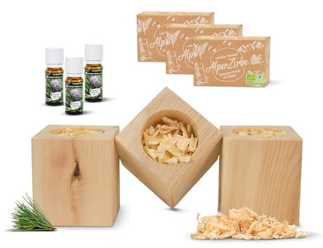 Zirbenwürfel-Set Dreierpackung - ca. 7x7x8cm - mit 3x10ml Bio-Zirbenöl und 3x10g Zirbenspäne