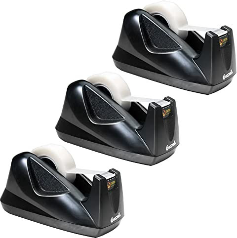 Excell EX-11419BK Desk Tape Non-Skid Base Dispenser 3pc, 3/4 Wide, 1 Core, Durable Plastic Tape Holder, Heavy Duty Tape Dispenser, Weighted Tape Dispenser for Desk, Easy One Hand Use.