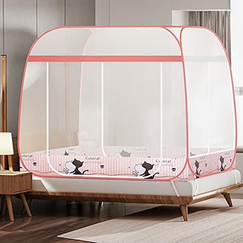 Tragbares Moskitonetz für Bett und Reisen, Pop Up Faltbares Insektenschutz mit Unterseite für Erwachsenenbett, Doppelte Tür Baldachin,Rosa,200x215x160cm