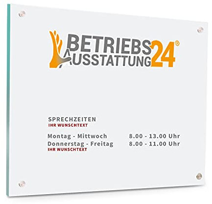 Betriebsausstattung24® Individuell gefertigtes Türschild mit Wunschlogo & Text | ESG-Sicherheitsglas, 42,0 x 29,7 cm/DIN A3 Querformat | Inkl. 4 Abstandhaltern aus Edelstahl | Zum Verschrauben