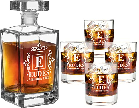 AIGAT Juego de decantador con vasos de whisky, juego de whisky personalizado de 700 ml con + 4 vasos de 270 ml