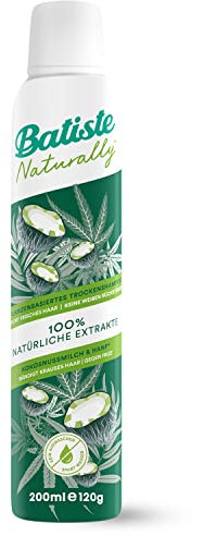 Batiste Trockenshampoo Naturally Kokosnussmilch & Hanf 200 ml, Trockenshampoo zum Auffrischen und Stylen von krausem Haar, ohne Ausspülen, Haarstyling vegan, mit 100 % natürlichen Extrakten