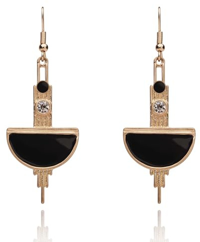 Lovett & Co.,Élégantes boucles d'oreilles pendantes noires et dorées Art déco pour femme,Convient pour toutes les occasions, Plaqué laiton Pierres en cristal de verre Émail peint à la main
