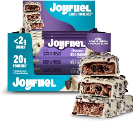 JOYFUEL Barre Protéinée - Goûts Chocolat Blanc & Cookie & Cream - <2g de sucre - 20g de protéines - Boîte de 12 barres X 55g