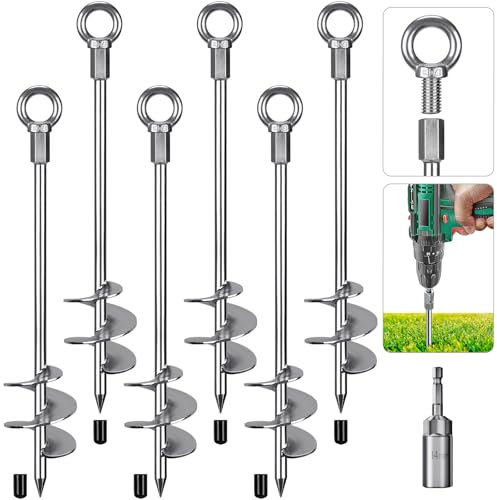 Insaga Tent Peg, 45cm Heavy Duty Ground Anchor Large Metal Earth Stake Spiral Blade Screw in Trampolines Spike for Swing Set/Camping/Shed/Dog/Carport with Fixed Eyelet, 6 Pack