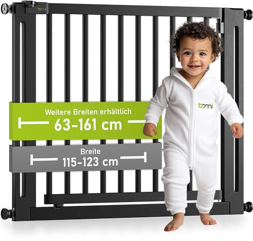 BOMI Variables Schutzgitter Miko PEFC geprüftes Buchenholz | Ohne Bohren | 90° Stop |Kindergitter Holz-Türschutzgitter schwarz ohne Bohren | Schließen des Türgitters | Breite: 115-123 cm
