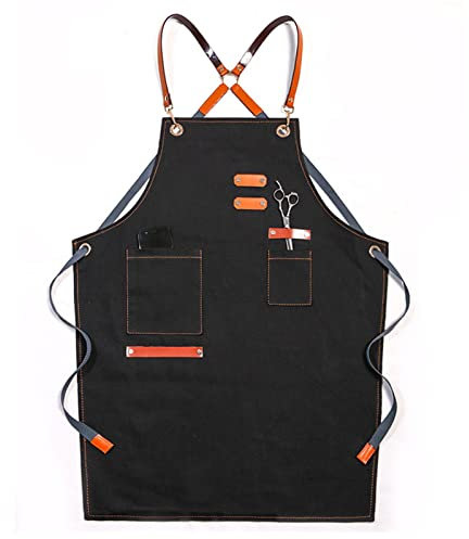 ECOLFE Schürzen für Männer, Arbeitsschürze, Segeltuchschürze, Werkstatt-Werkzeugschürze mit verstellbaren Trägern for Friseur, Küche, Gärtner, Café (Farbe: Blau, Größe: XL)(Color:Black)