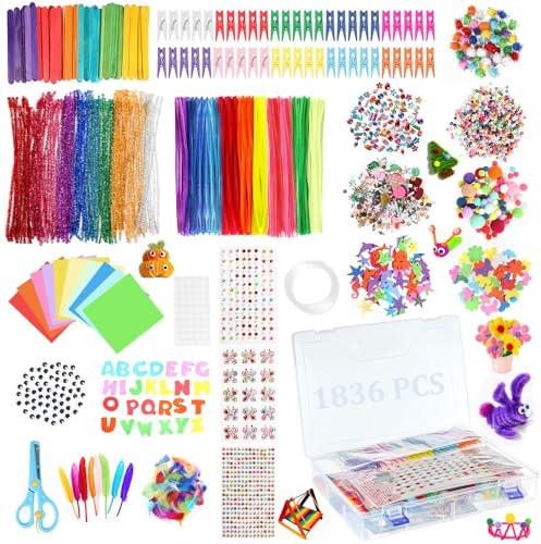 Bastelset Kinder ab 3 Jahre 1836 Stück Bastelmaterial Bastelzubehör Kinder 4 5 6 7 8 Jahre Mädchen Jungen Bastelbedarf Basteln Bastelkoffer Scrapbooking Geschenk Kindergeburtstag Weihnachten Ostern
