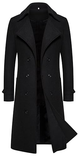 Cexiakong Gabardina larga de invierno para hombre, abrigos de doble botonadura, cinturón, chaqueta suelta, abrigo largo de invierno, abrigo cruzado con cintura holgada, Negro , XL
