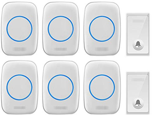 OLSKFUH Sonnette sans Fil Auto-génératrice, kit de Carillon de Porte sans Fil étanche 6 récepteurs 2 Boutons poussoirs 58 sonneries 4 Niveaux de Volume, portée de 650 Pieds, Noir, Blanc