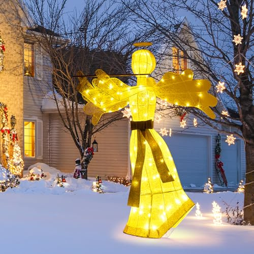 GOPLUS 150cm großer LED Engel mit Querflöte, beleuchteter Weihnachtsengel warmweiß mit 100 LED-Lichtern, Weihnachtsbeleuchtung Figur Engel für Außen Innen Weihnachten Dekoration