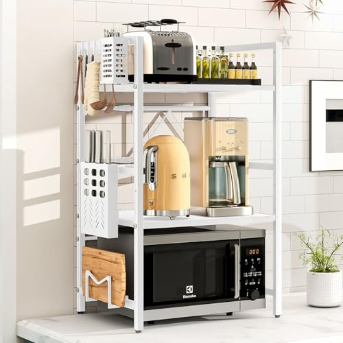 Expandable Microwave Shelf , 3-Tier Microwave Stand with Hooks & Holders | Adjustable Heavy Duty Microwave Rack, Kitchen Storage & Organisation , Over Microwave Shelf Unit with Hooks & Holders