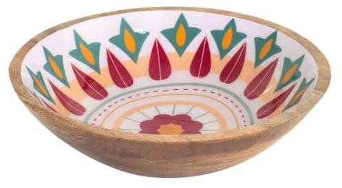 Grand Plat de Service décoratif en Bois de Manguier, Thème Floral Amérique du sud, diamètre 35 cm