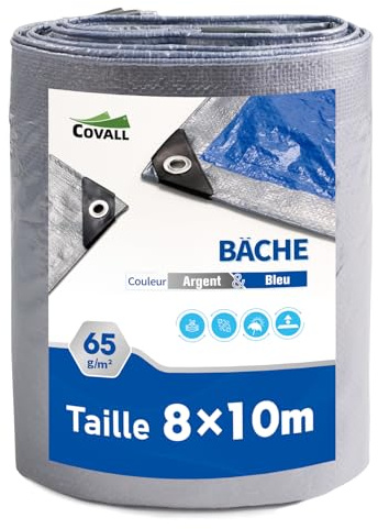 Covall Lona Impermeable Exterior Cover Ligera 65g/m² Plata ＆ Azul Suelo Reforzado con Ojales Resistentes a Agua - Viento protección UV Ideal para Coche camión RV casa Tienda Barco Piscina.(8x10m)