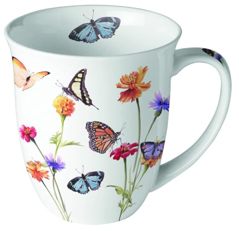 Ambiente Tazza da caffè con manico, 400 ml, in porcellana fine, motivo farfalle, fiori da giardino, serie floreale