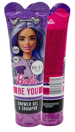 Barbie 2-in-1 Shower Gel & Shampoo for Kids & Adults - Vegan, 98% Natural Ingredients, Hydrating & Gentle Body Wash & Hair Cleanser with Aloe & Chamomile, Soft & Nourished Skin, Mild Scent – 240ml