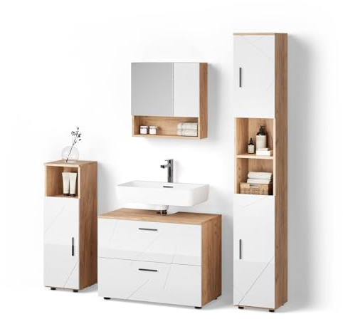 Livinity Badmöbel-Set Ronco Weiß Hochglanz/Goldkraft Eiche | 4 Teile, mit Schubladenschrank und Hochschrank