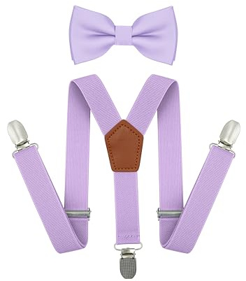 BEWDIO Toddler Boys Suspenders and Bow Tie Set, Lavender Bowtie and Suspenders with 3 Strong Metal Clips (71-21)