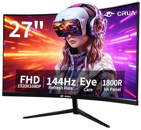 CRUA 27 Inch Curved Monitor 1080P Full HD, 100Hz/120Hz/144Hz Computer Screen with HDMI VGA, Eye Care, Tilt Adjustable, for Gaming and Office Use