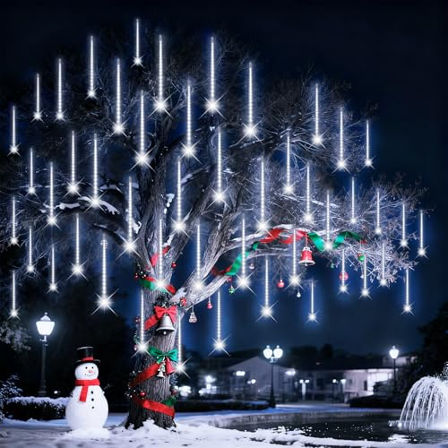 HEKEXIN Weihnachtsbeleuchtung Außen,24 Röhren 40 CM 864 LEDs eiszapfen lichterkette außen,Wasserdichte Fallende Regen Lichter mit Haken für Weihnachtsdekoration Festival,Weihnachtsdeko Aussen Weiß