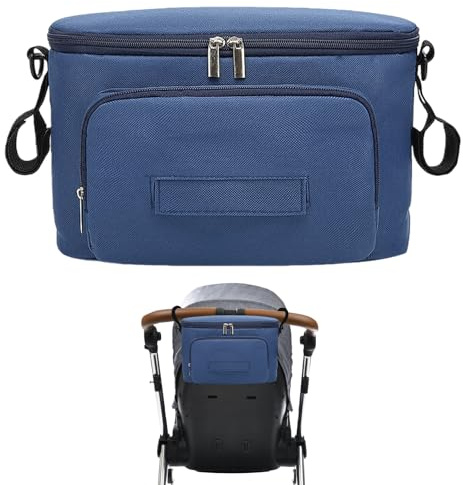 Sac de Rangement pour Poussette, Organisateur de Poussette, avec poche Zippée, 2 Porte-Gobelets Isolés et Poche Grande Capacité, Etanche, Léger, pour Biberons, Couches, Jouets, Snacks (Bleu)