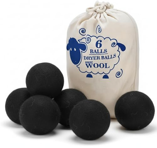 Wool Dryer Balls, New Zealand Dryer Balls Laundry Reusable Reduce Static Cling, Dryer Ball to Reduce Wrinkles & Shorten Drying Time, Drying Balls for Laundry(Pack of 6) (Black)