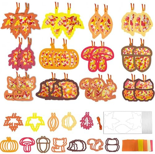 24 Stück Herbst Basteln Kinder Set, Fensterbilder Herbst Bastelset, Herbst Deko Bastel, DIY Bastelset Blätter mit 24 Fensterbilder,10 PET-Aufkleber,5 Farben Konfetti und 1 Schnur
