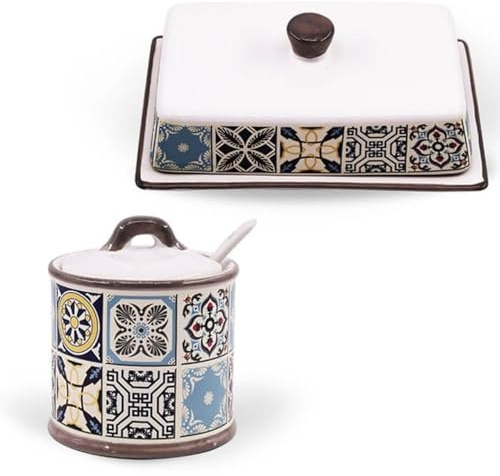 Maestro Holiday in Porto – Ensemble sucrier 300 ml avec cuillère et beurrier en céramique décorative, design portugais bleu et blanc, MR-20005