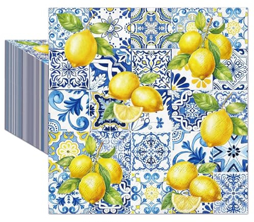 YOKJGHDO 40 Servietten Italien Design, Zitronen Deko Papier 2-lagig 25x25 cm, Blau Gelb Cocktailservietten für Deko Frühling, Sommer Party und Gartenfest