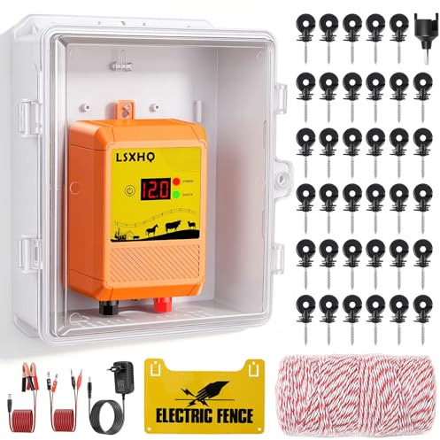 10KM Elektrozaun für Vieh und Tiere, 12 kV 2.0 J Ausgangsstromstärke Elektrozaungerät avec Weidezaun Seil 200 m & 50PCS Ringisolatoren, Schutz für Garten, Weiden und Bauernhof (Orangefarbenes Set)