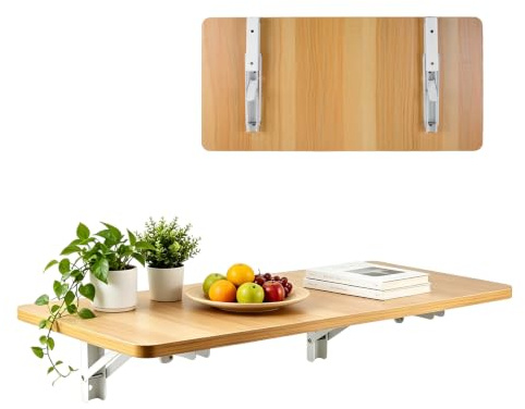 Aulivra Wall Mounted Folding Table 60 x 30 cm, Fold Down Wall Desk with Folding Brackets, Space Saving Drop Leaf Table for Laptop, Writing, Kitchen and Small Spaces