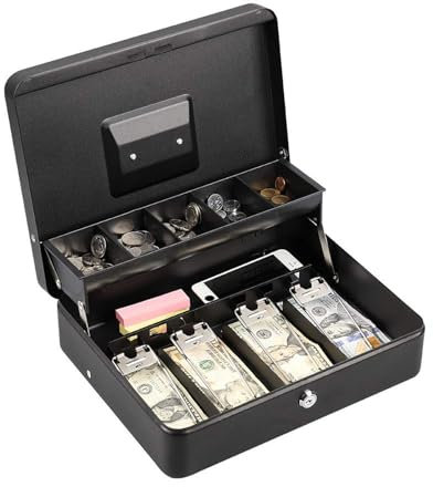 Geldkassette aus Metall, abschließbar, Geldkassette mit Schlüsselschloss, 5-Fächer-Münzeinsatz & 4 Scheinfächer, Geldkasse Eisen, 30 cm x 24 cm x 9 cm, Schwarz