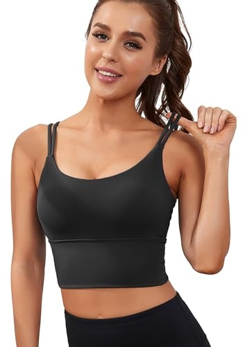 Everrysea Lång sport-bh/crop top för dam, högt stöd, med inbyggd vaddering och dubbla axelband, för träning och yoga, Svart, M