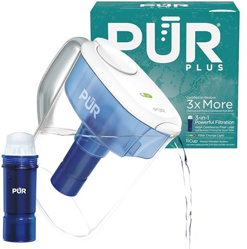 PUR PLUS PPT111W - Jarra de filtro de agua de 11 tazas con 1 filtro reductor de plomo, apta para lavavajillas, potente filtración, luz indicadora de cambio de filtro, blanco, PPT111W