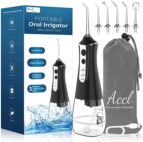 ACCL Water Flosser Cordless Teeth Cleaner, 350ML Portable Cordless Dental Oral Irrigator for Tooth Care Home Use and Travel, 3 Modes with 5 Jet Tips & Travel Bag, Black