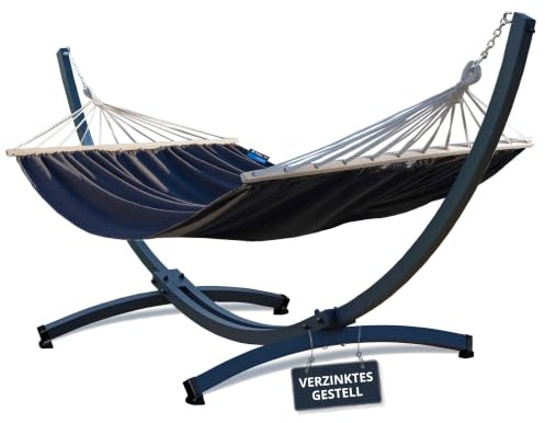 Potenza Outdoor Hängematte mit Tytan Gestell für 2 Personen I Stabhängematte XXL 220x160, 200kg I Hängemattengestell 350 kg Wetterfest (3 Verzinktes Gestell Graphit, Grau)