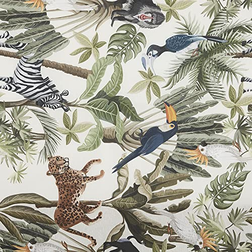 Kt KILOtela - Tela Loneta Estampada, Decoración, Tapizar, Cojines, Cortinas, Colchas, Bolsos, Manteles, 100 cm Largo x 280 cm Ancho | Plantas, Animales Tropicales, Verde, 1 metro