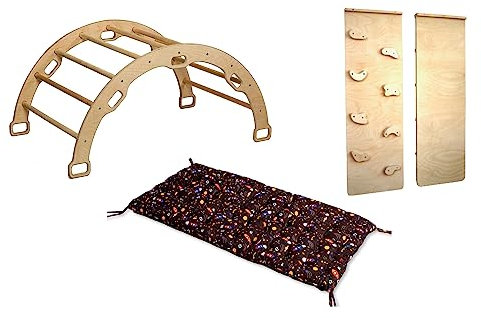 Montessori Kletterbogen | Bogen mit zweiseitiger Felswandrampe & Kissen | Hölzerner Kletterbogen & Kletterwand für Kinder | Kletterbogen Set mit Rampe und Kissen (Space)