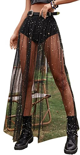 GORGLITTER Glitzer Rock Damen Party Rock Mit Mesh Transparent Rock Mit Hose Drunter 2 In 1 Rock Mit Galaxie Muster Schwarz S