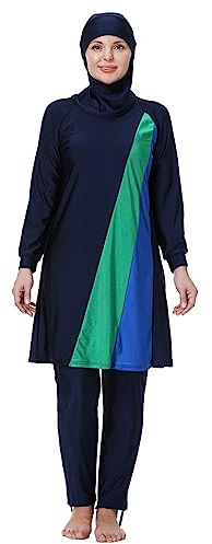 IWEMEK Burkini Damen Muslim Große Größen 3tlg Set Rash Guard Langarm Ganzkörper Schwimmanzug Schwimmkleid + Schwimmhose + Hijab Badeanzug Islamische Schwimmkleidung UV Schutz Marineblau 03 8XL